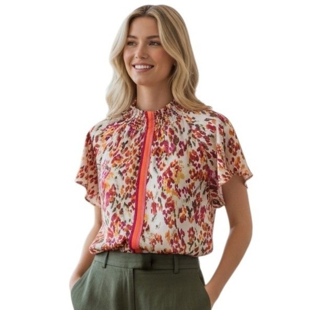 THML Smocked Neck Casual Women's size XL Abstract Floral Short Sleeve Summer Top